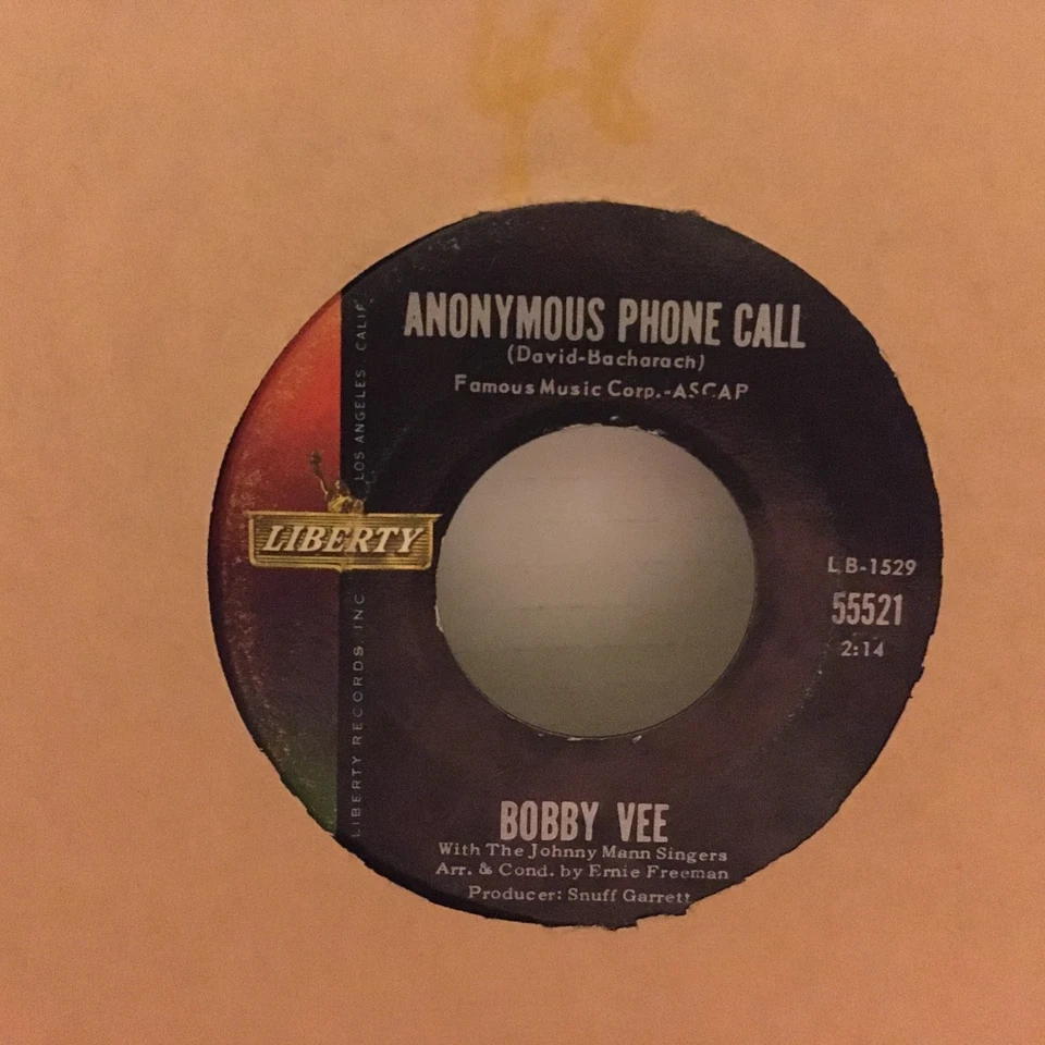 Bobby Vee 45 The Night Has A Thousand Eyes Anonymous Phone Call Liberty F-55521 - Image 2 of 2