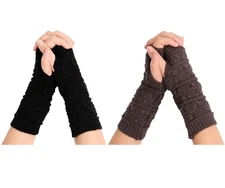  Cable Knitted Arm Warmers Thumb Hole Winter One Size Z-883 - Black & Dark Grey