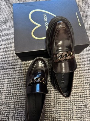 Marco Tozzi Dark Brown Patent Leather Chain Loafers | Women's Slip-On Smart Shoe