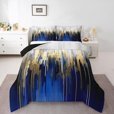 Abstract Art Comforter Set Navy Gold Grey Bedding Set, Stripe Queen Color 03