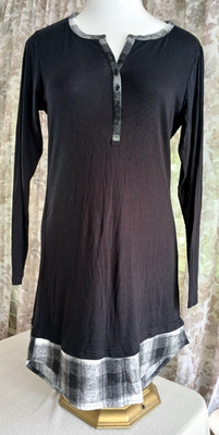 Venus L Black Ribbed Sweater Dress Long Sleeved Henley Buttons Plaid Trim New