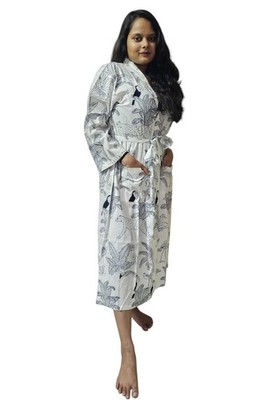 Indian Floral Screen Print 100% Cotton Bathrobe with Adjustable Belt - 48 inch