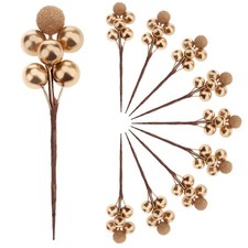 Meiwlong 10pcs Glitter Fake Artificial Gold Berries Picks Christmas Tree