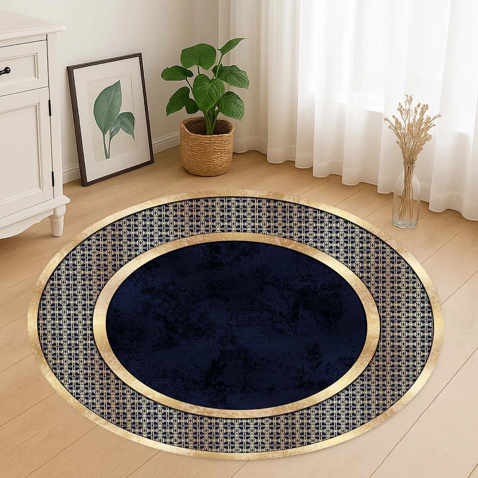 Modern Round Rug, Living Room Carpet, Navy Gold Circle Rug, Contemporary Rug - Image 3 of 4