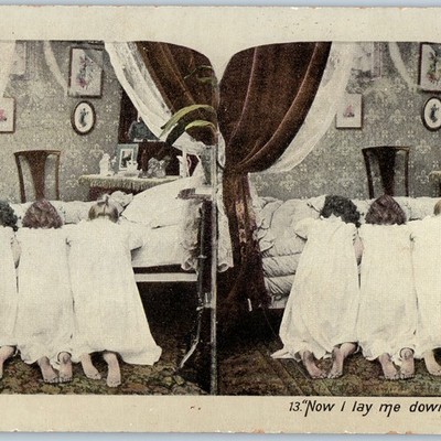 c1910s Now I Lay Me Down to Sleep Bedtime Prayer Girls Kneeling Stereoview Cute