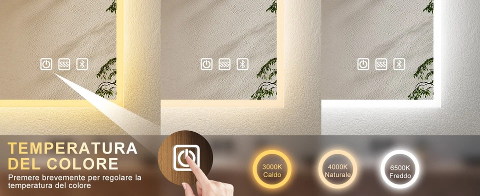 SPECCHIO LED BLUETOOTH ANTIFOG luce dimmerabile con 3 gradazioni di colore  - Immagine 3 di 4