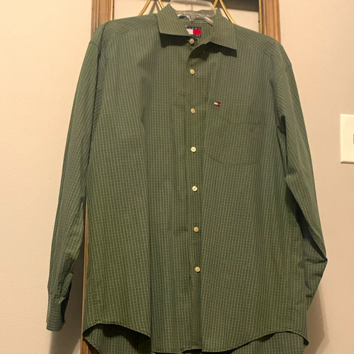 Vintage Tommy Hilfiger Men's Green Plaid Long Sleeve Button-Down Shirt, Size M - product listing photo