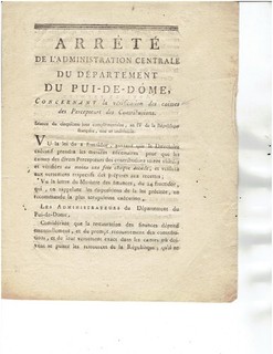 Révolution Napoléon 1er Empire : contributions perception Puy de Dôme 1796 1797
