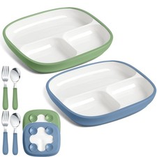 2 Pcs 8.2" Large Kids Porcelain Plates with Silicone Sleeves Toddlers Divided...