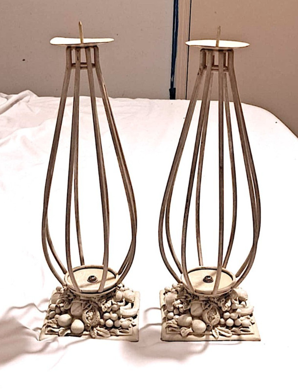 Pair Vintage Metal Wire Candle Holders 13.5” Tall White Fruit Base Decor