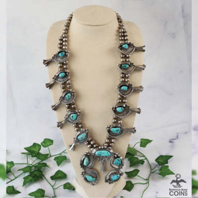 Southwest Native American Turquoise Silver Bead Squash Blossom