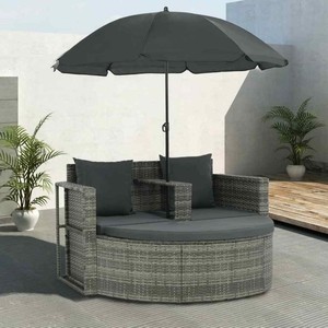 Vidaxl 2 Seater Garden Sofa With Cushions And Parasol Gray Poly Rattan Ebay