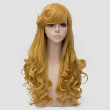 For Cosplay Aurora Long Golden Yellow Curly Hair Women Wig Halloween