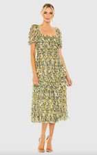 Anthropologie Mac Duggal 8232 Short Sleeve Micro Ruffle Tea Length Dress Size 14