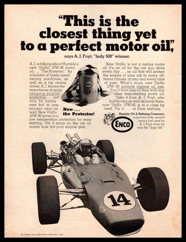 1967 Humble Enco Uniflo 10-W40 Motor Oil A. J. Foyt Race Car USAC Champ Print Ad