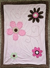 Koala Baby Pink Flower Girls Baby Blanket Brown Trim Sherpa Plush Reversible EUC