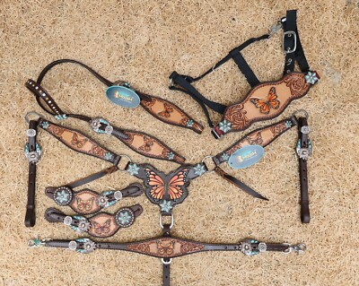 Tack Set with hand-painted butterfly and carving turquoise flower concho Mousm