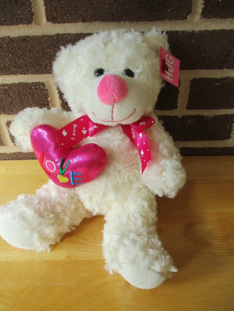 KellyToy Teddy Bear Holds Pink LOVE Stitched Heart 12