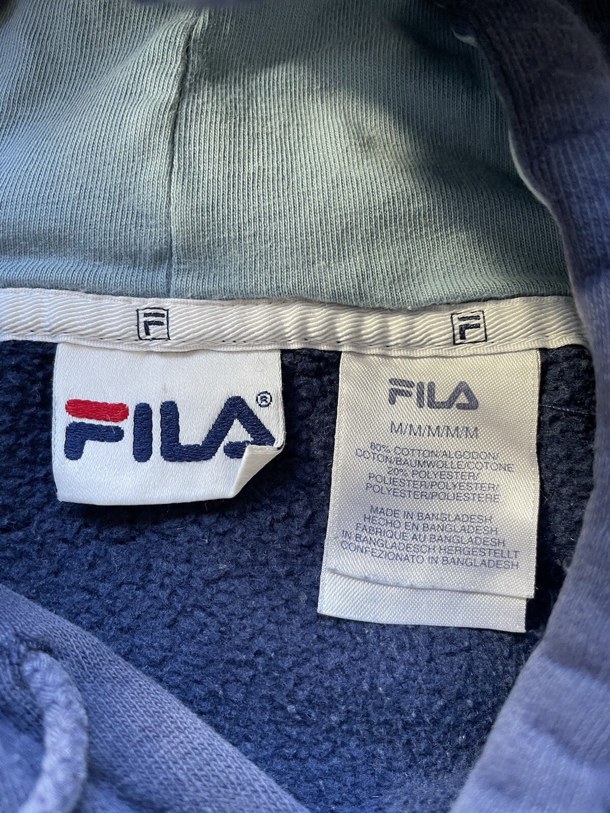 Felpa con cappuccio uomo Fila blu misto cotone taglia M media pullover segni in foto