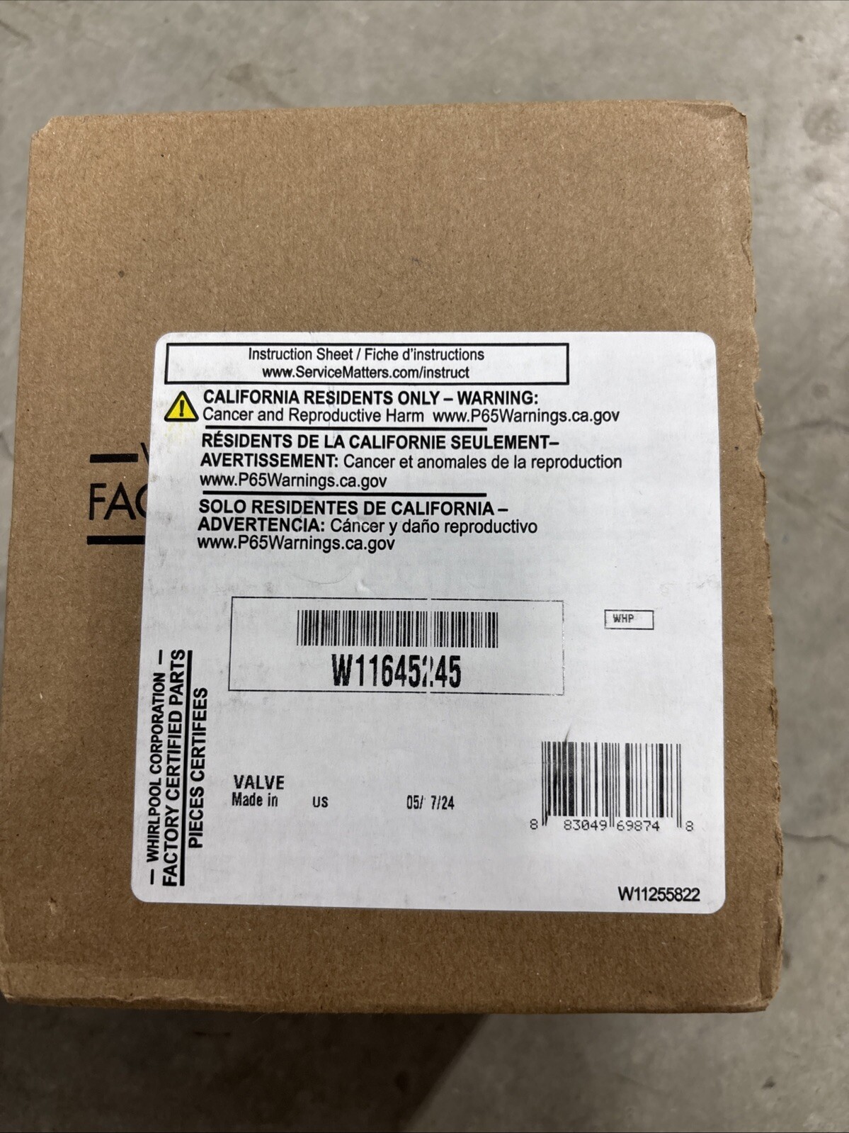 Whirlpool OEM Water Inlet Valve W11645245 New in Unopened Box