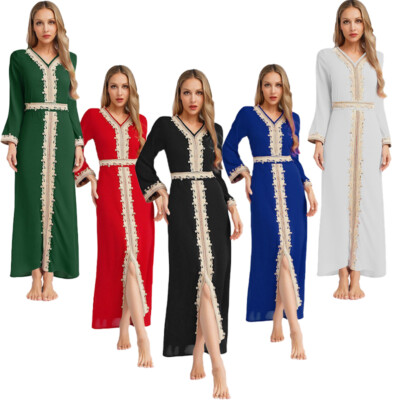 Women Dress Persian Robe Long Sleeve Gown Moroccan Abaya Ceremony Muslim  Beach | eBay