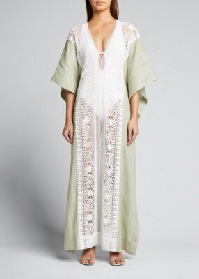 Miguelina Brea Linen Lace Trim Caftan Dress NWT M | eBay