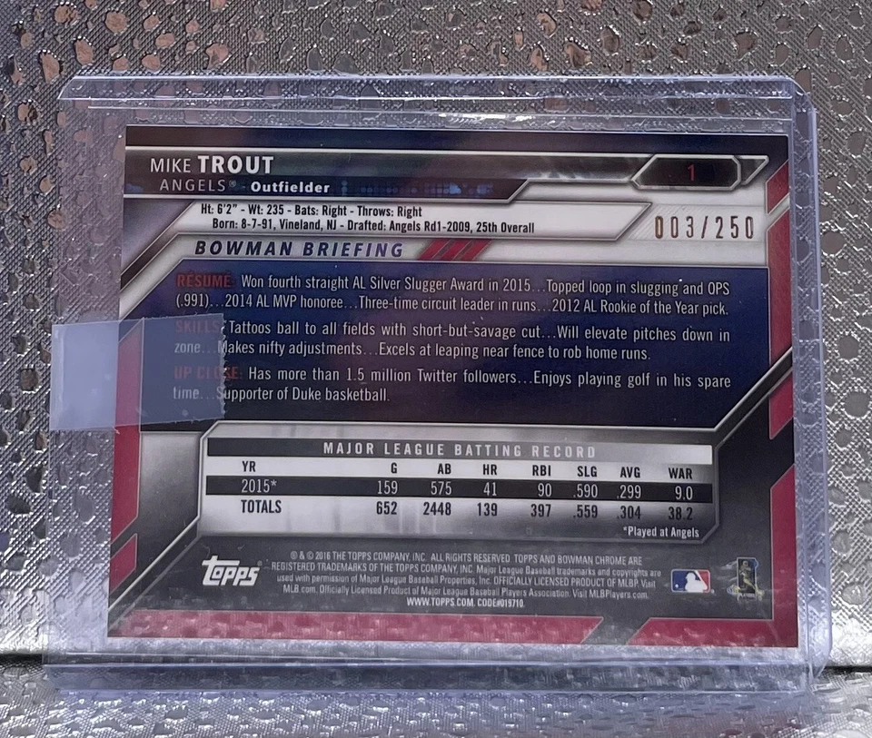 2016 Bowman Chrome Mike Trout Angels Purple Refractor /250 - Image 2 of 2