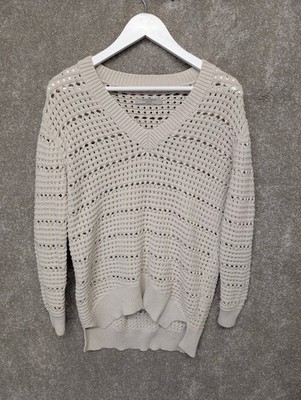 AllSaints Pullover Damen Medium Beige Baumwolle Lota V-Ausschnitt Strick Häkel Abend Strick