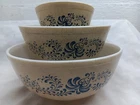 Vintage PYREX HOMESTEAD Nesting Mixing Bowls Set  3 Tan Blue 401, 403, 404 Sizes