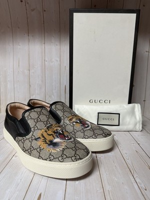 Gucci GG Supreme Tiger Slip-On Sneakers Beige/Brown Multi Sz 9.5G 