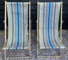 Pair of Vintage Wooden Deck Chairs Striped
