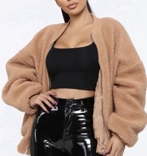 Fashion Nova Womens Mocha 1X 2X Catch Me In The Cold Fuzzy Bomber Jacket NWT