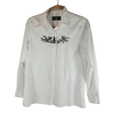 Orvis Womens White Long Sleeve Embroidered Bird Button Down Shirt Size 10