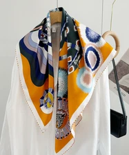 Pure 14 Momme Silk Wrap Scarf Bandanna Horse Totem Print Square Shawl 88X88cm