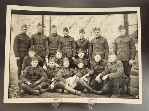 WW1 Black and White Military Photo. Soldiers with a Puppy.m in France. Soldiers