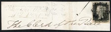 SG2 1840 1d black, JC, plate 1B, re-entry, 4 margin, tied to piece, FU
