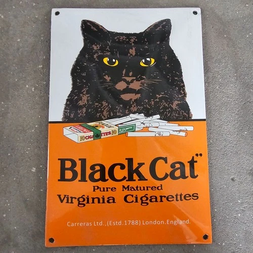 VINTAGE CONVEX BLACK CAT OLD US GASOLINE OIL GAS PUMP ENAMEL PORCELAIN SIGN