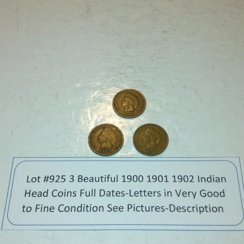 Lot #925 3 Beautiful Indian Head Penny Coins 1900-1901-1902 VG-F See Pictures