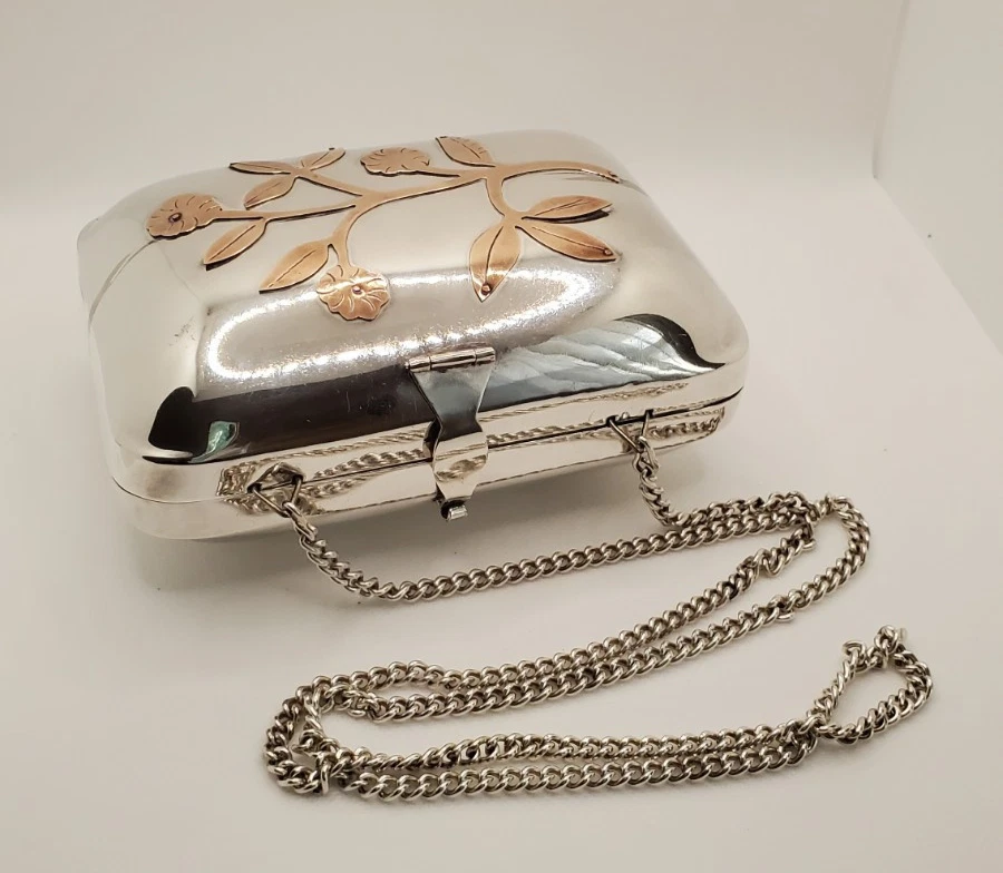 Bolsa de mão vintage mexicana alpaca prata metal bolsa com sobreposição floral - Imagem 4 de 4