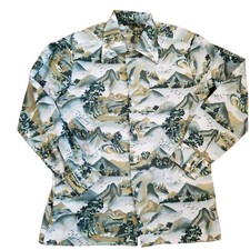 70s Mens Disco Retro Button Up Longsleeve Shirt All Over Nature Print Medium