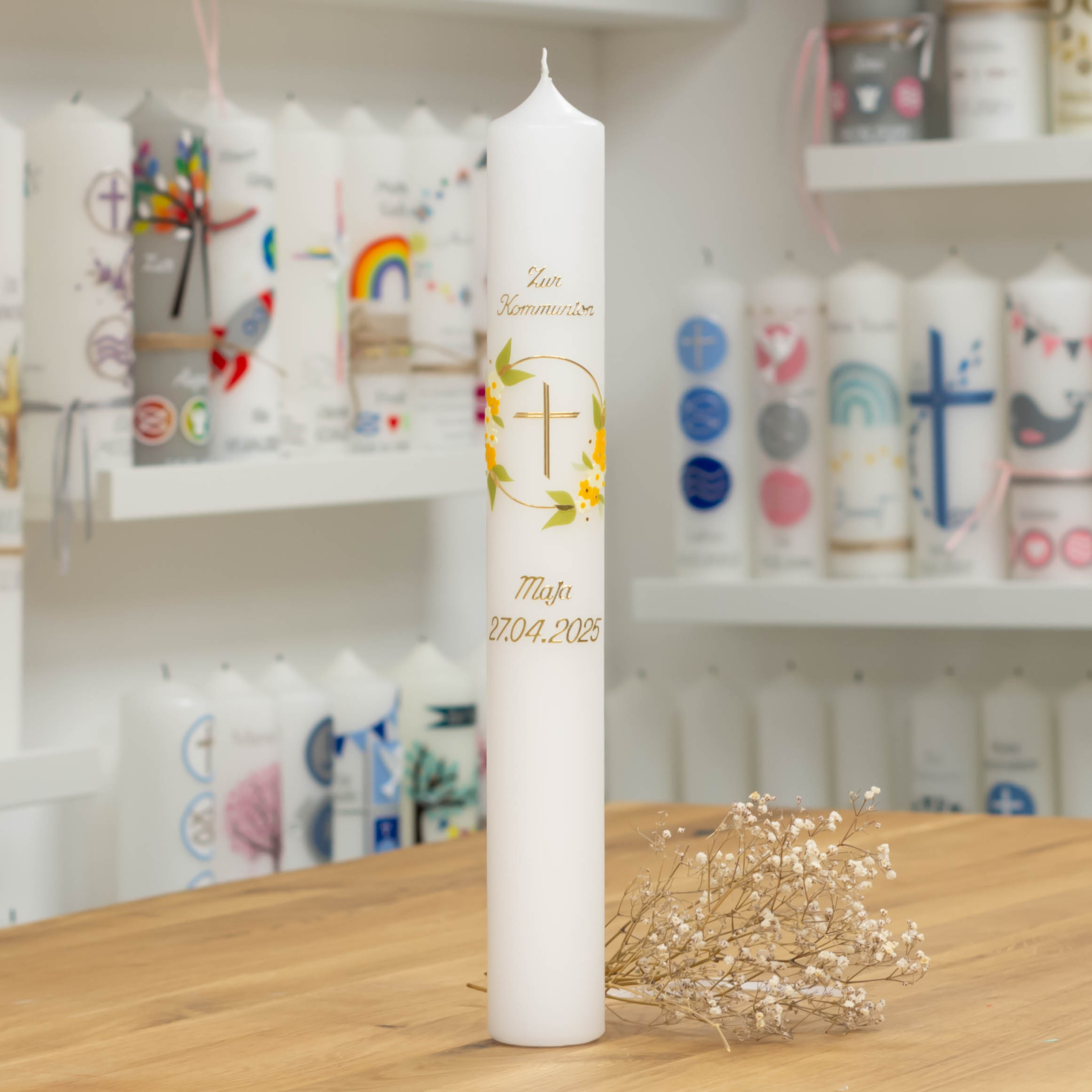 meinkerzenshop® Kommunionkerze MAJA wachsverziert für Mädchen und Jungen