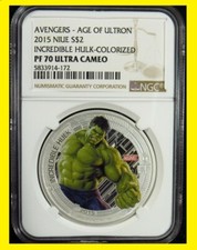 2015 MARVEL AVENGERS 1 OZ SILVER COLORIZED HULK PREFECT NGC 70 POP 220