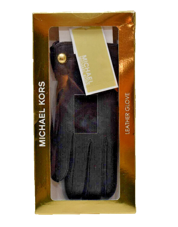 Michael Kors Women's Leather Logo Dome Button Gloves Black Size Small New in Box
