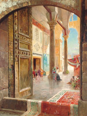 Damascus Arabic Palace Architecture 18 x 24 in Rolled Canvas Vintage Painting