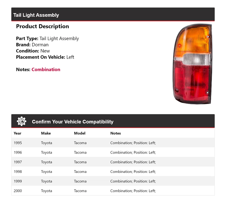 Conjunto de luz trasera izquierda para Toyota Tacoma Dorman 1995-2000 1996 1997 1998 1999 Foto 2 de 4