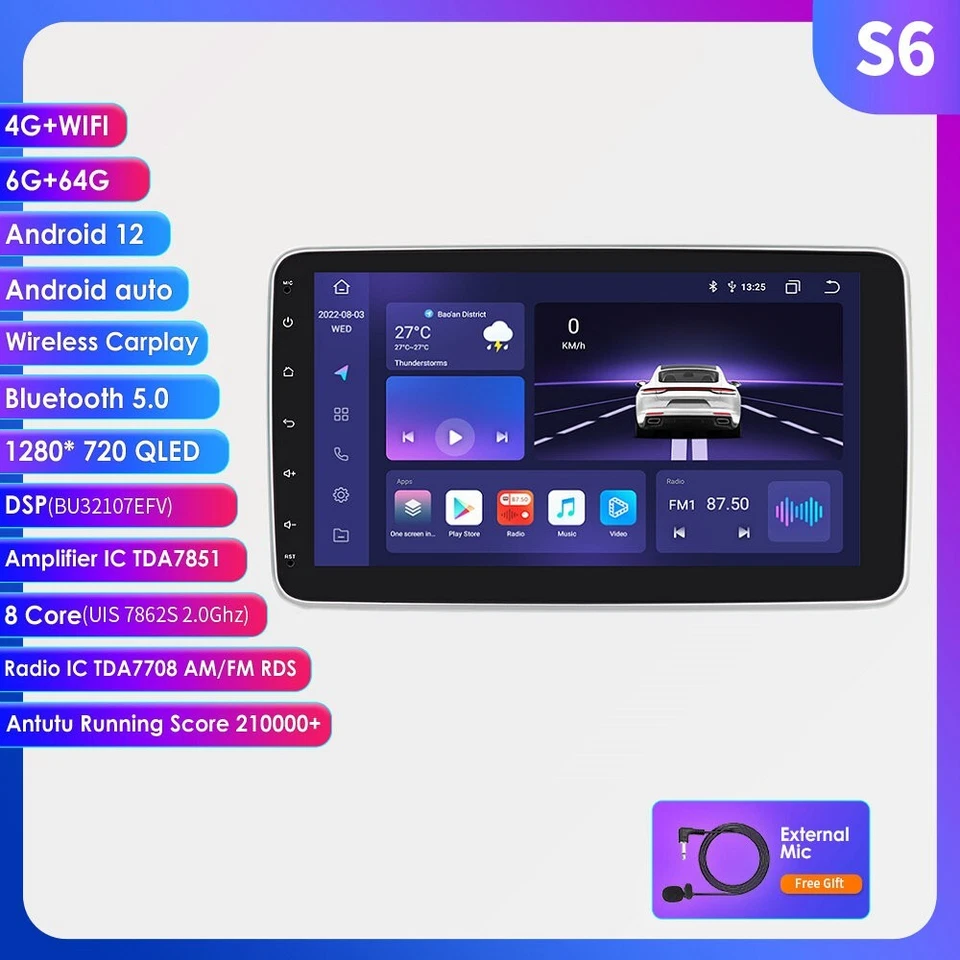 10.1'' Android 14 6GB+64GB Rotatable QLED Car Stereo Radio GPS Wifi Single 1Din - Image 2 of 4