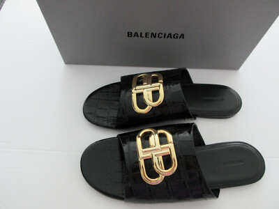 NEW BALENCIAGA Oval GOLD BB Mule Sandal In Black Leather 40 10 | eBay