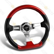 343mm 3 Deep Dish Red Galaxy Wood Grip Leather 3-spokes Steering Wheel W-power