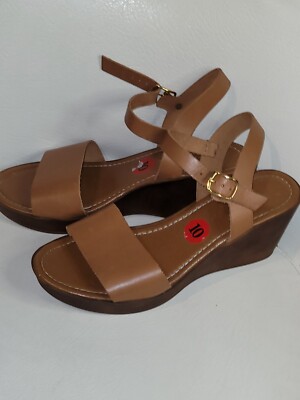 MARIELLA Tan Leather Strappy Buckle Wedge Sandal Size 10