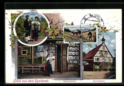 Postcard Couple in Costume of the Sudetes, Farmhouse, Farmer in the Field, Gru 